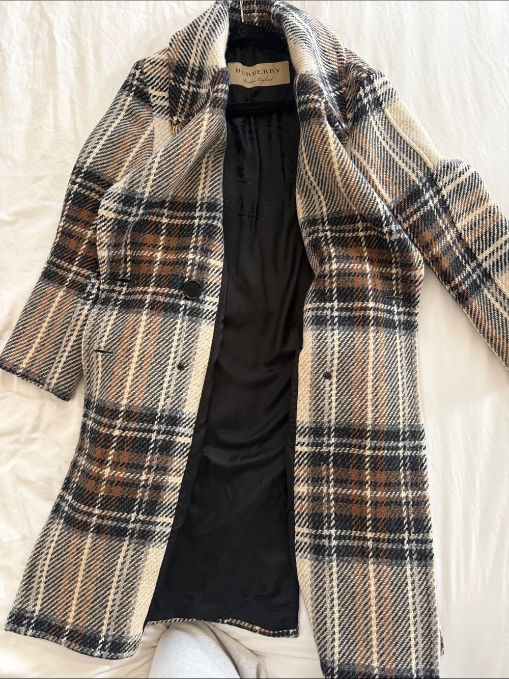 Burberry Cream, Brown and Black Plaid Double-Breasted Pea Coat - Picture 5 of 8